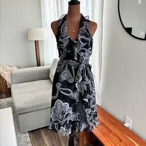 White House Black Market Paisley Midi Dress Halter Black White Wrap Bow Size 0